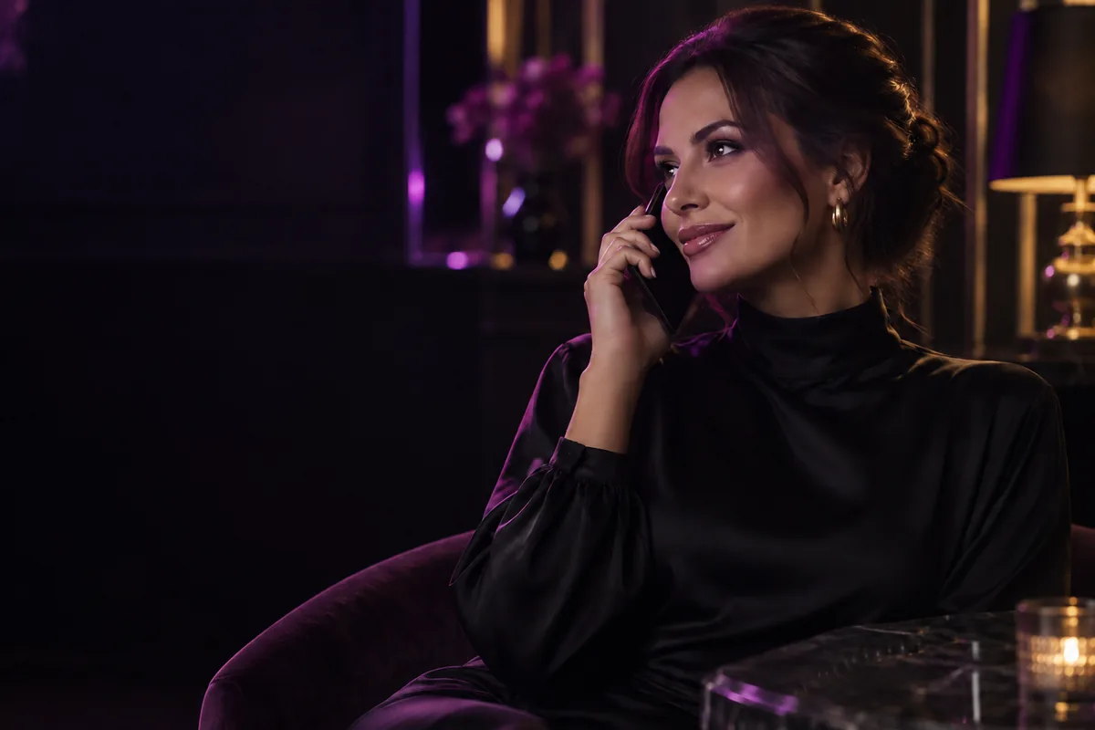 Adult woman having a private late-night phone conversation
